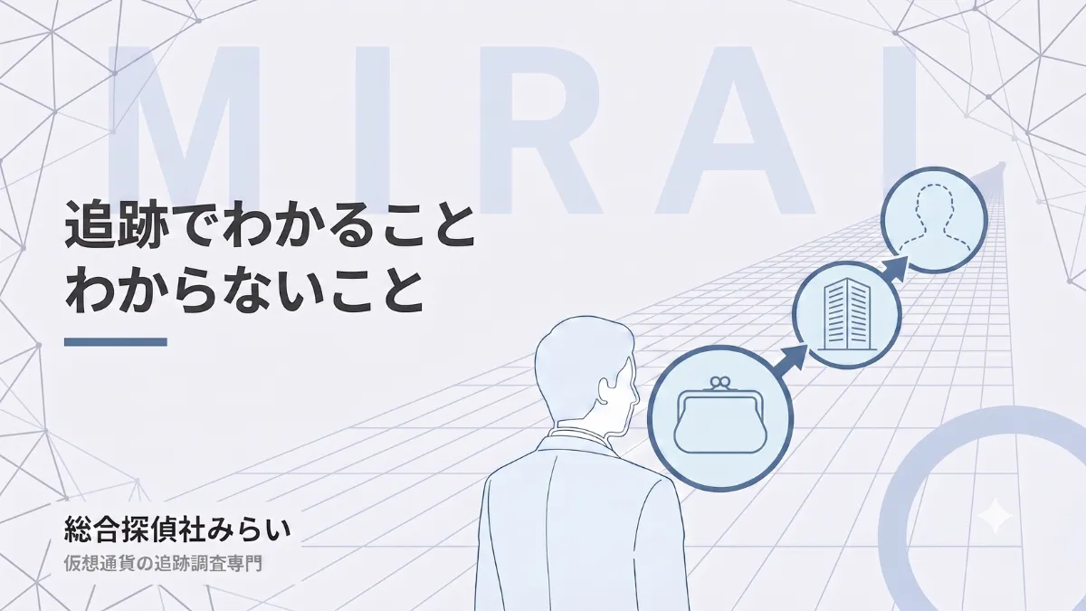 追跡でわかることとわからないことの図解。資金の到達先は見えるが持ち主は分からない