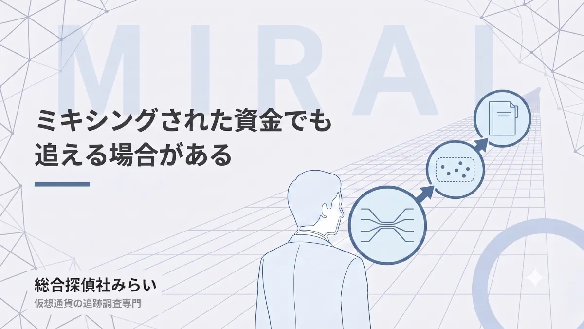 ミキシングされた資金でも追える場合があることの図解。混ざった資金をまとめて分析し報告書へ