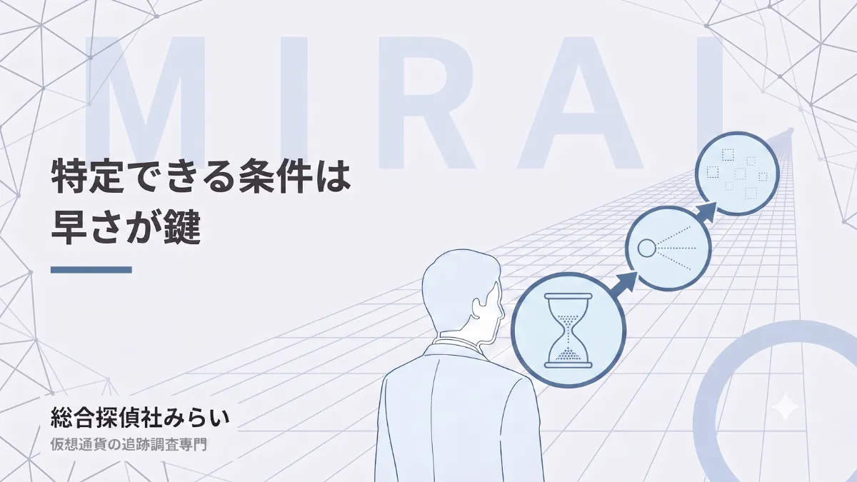 特定できるかは早さが分かれ目になることの図解。時間の経過とともに資金が分散していく様子