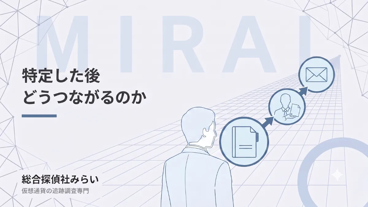 特定した後の流れを示す図解。調査報告書をまとめ、専門家へ渡し、書面での手続きへ