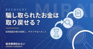 騙し取られたお金は取り戻せるのかを示すアイキャッチ。時間、送金先の追跡、調査報告書の流れ