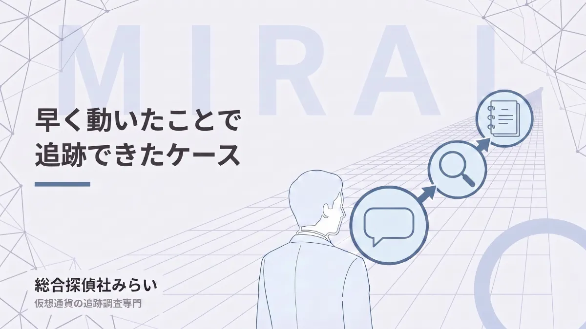 早く動いて追跡できたケースの図解。相談から送金先の追跡、調査報告書までの流れ