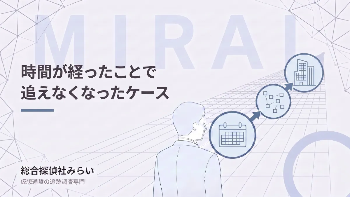 時間が経って追えなくなったケースの図解。時間の経過とともに資金が分散し海外へ移る様子