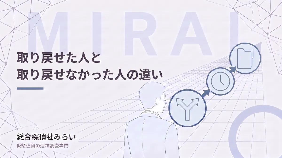 取り戻せた人との違いを示す図解。分かれ道、動き出す速さ、調査結果をまとめるまでの流れ