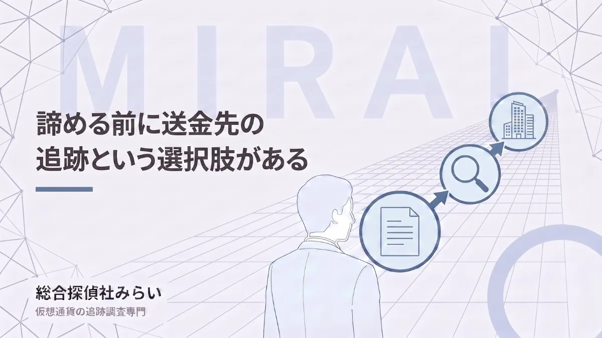 送金先の追跡という選択肢を示す図解。取引の記録から解析、資金の到達先までの流れ