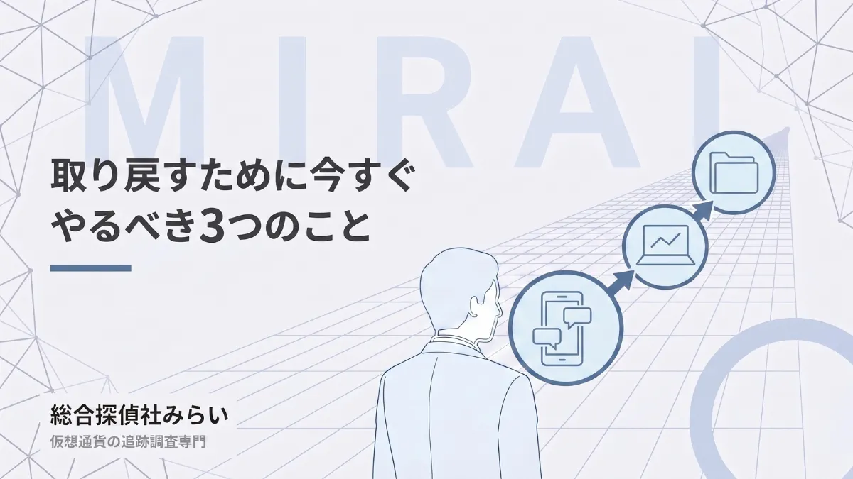 今すぐやるべきことの図解。やり取りの保存・送金先の追跡・調査報告書にまとめるまでの流れ
