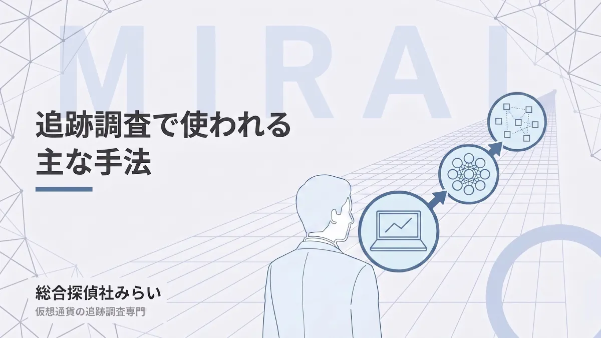 追跡調査の主な手法の図解。解析ツールでウォレット群を束ね、分散した資金を追う流れ