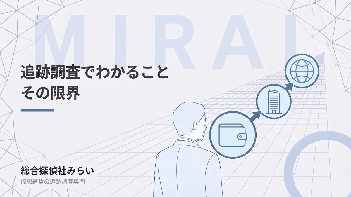 追跡調査でわかることと限界の図解。資金の経路から取引所へ、海外という壁まで