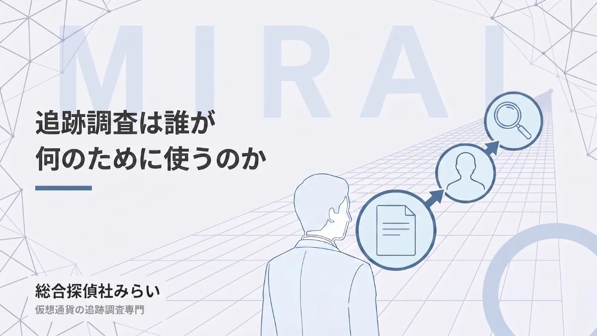 追跡調査の使われ方の図解。取引記録を分析し、詐欺被害の送金先を特定する流れ