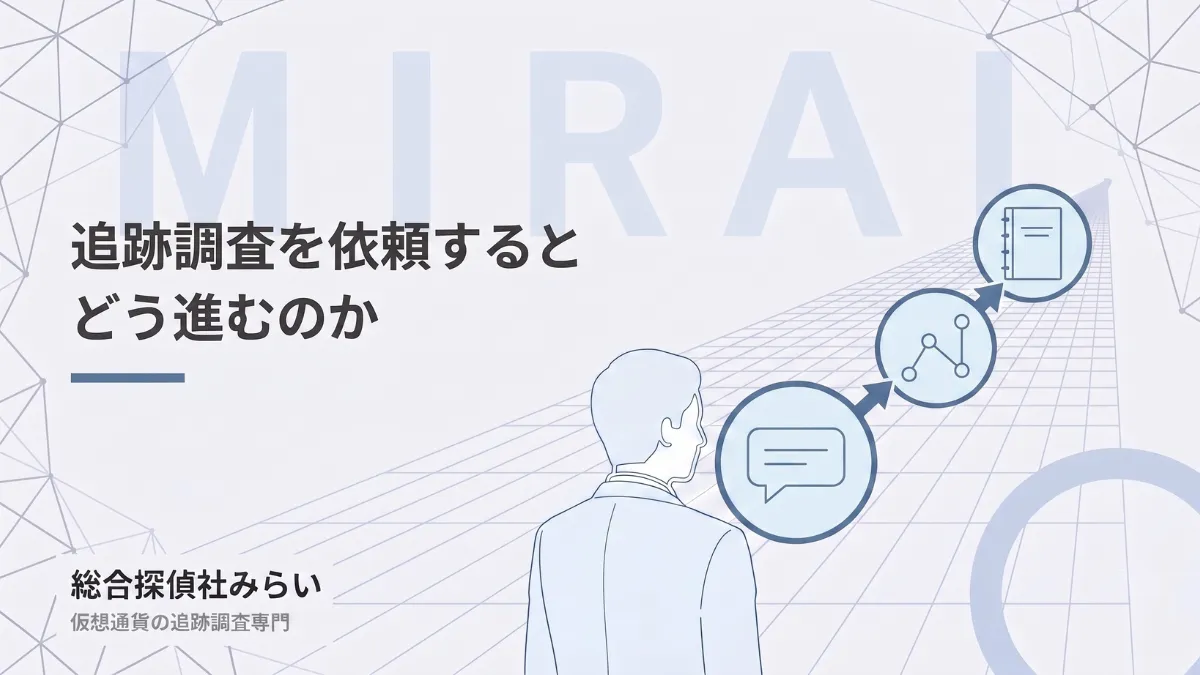 追跡調査を依頼したときの流れの図解。相談から分析、調査報告書までの3段階