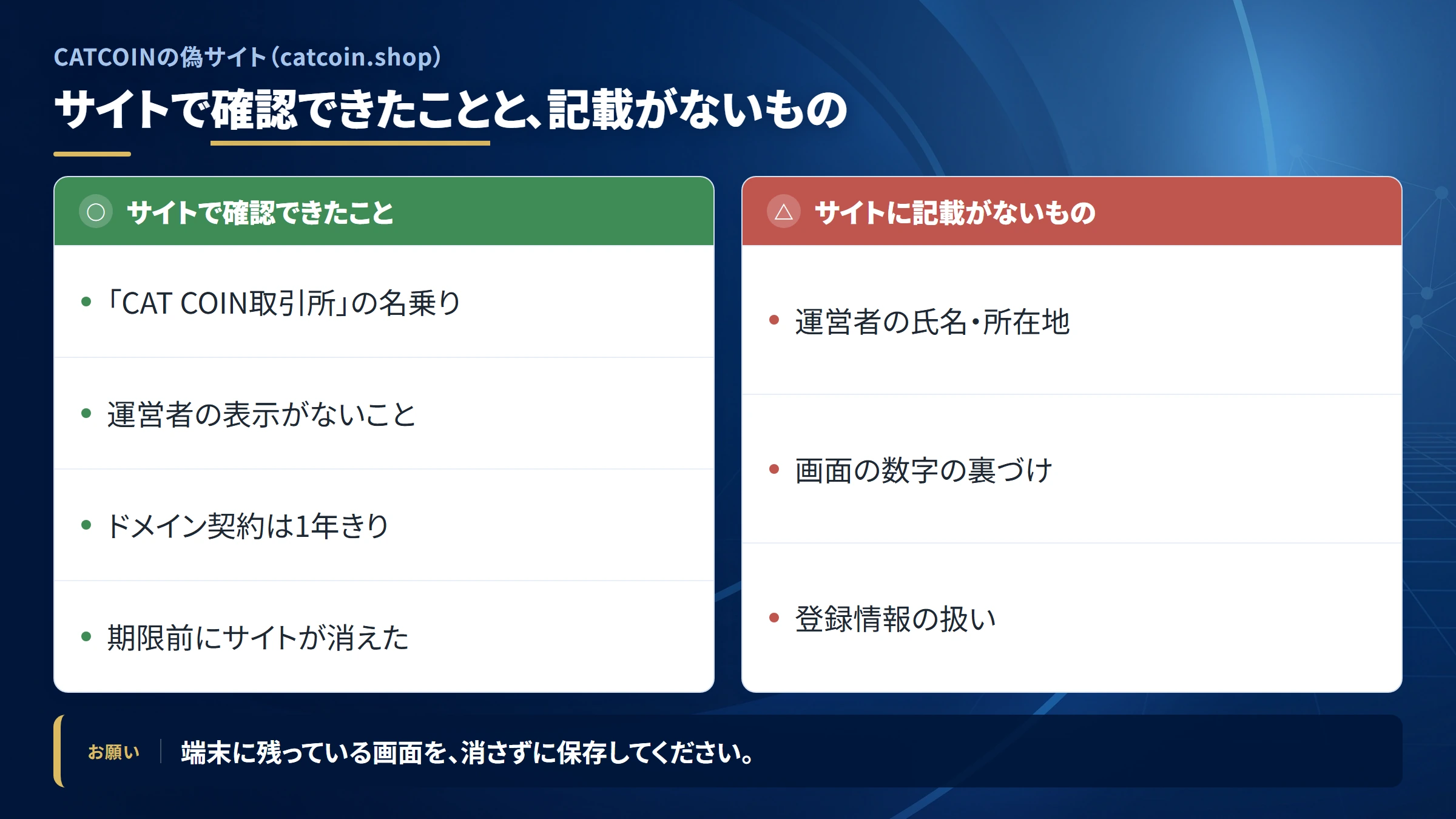 CATCOINの偽サイト（catcoin.shop）で確認できたことと、確認できなかったこと