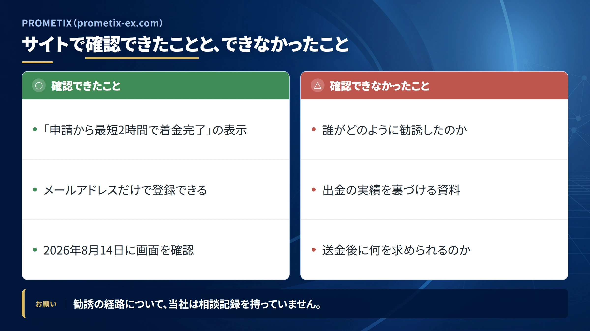 PROMETIX（prometix-ex.com）で確認できたことと、確認できなかったこと